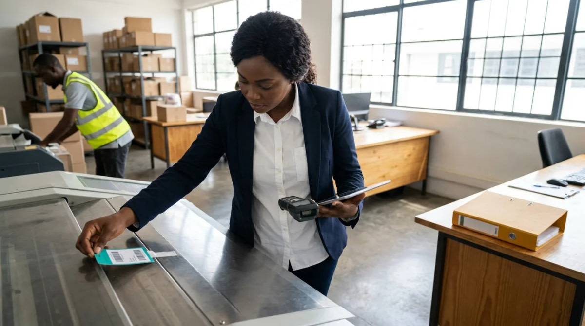 Auditrice scannant un actif lors d'un inventaire des immobilisations à Abidjan