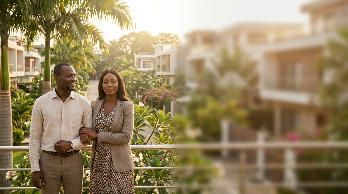 Couple ivoirien serein dans un quartier résidentiel d'Abidjan illustrant une couverture d'assurance complète