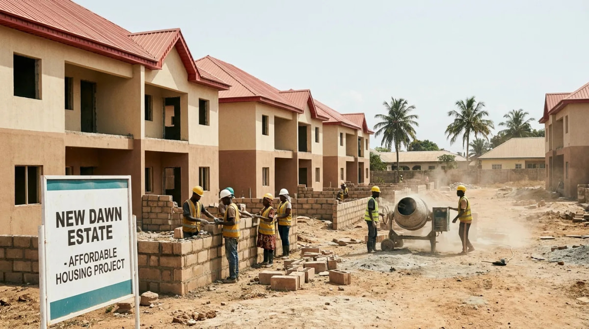 Workers building affordable housing units in Nigeria