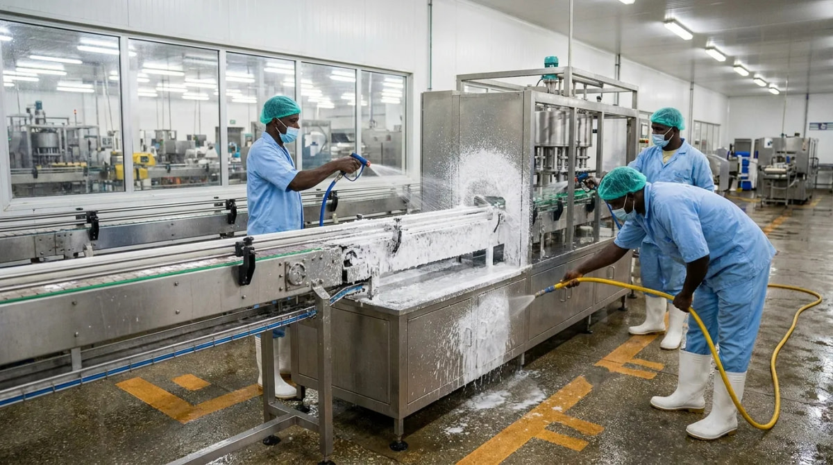 Cleaning operators foaming a stainless steel food processing line
