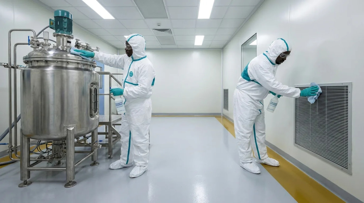 Operators in full cleanroom gowning cleaning a pharmaceutical reactor