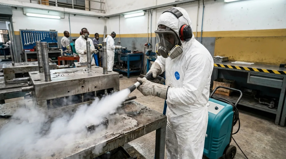 Operator using a dry ice blasting gun to clean an injection moulding tool