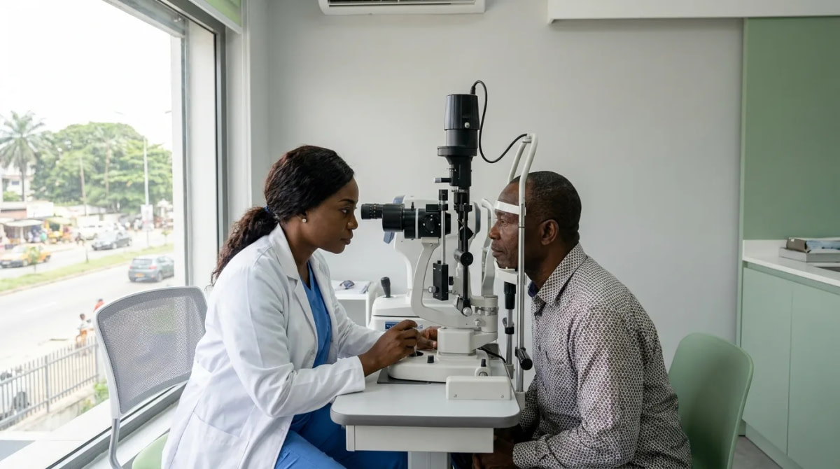 Ophtalmologue ivoirienne examinant les yeux d'un patient à la lampe à fente dans une clinique d'Abidjan