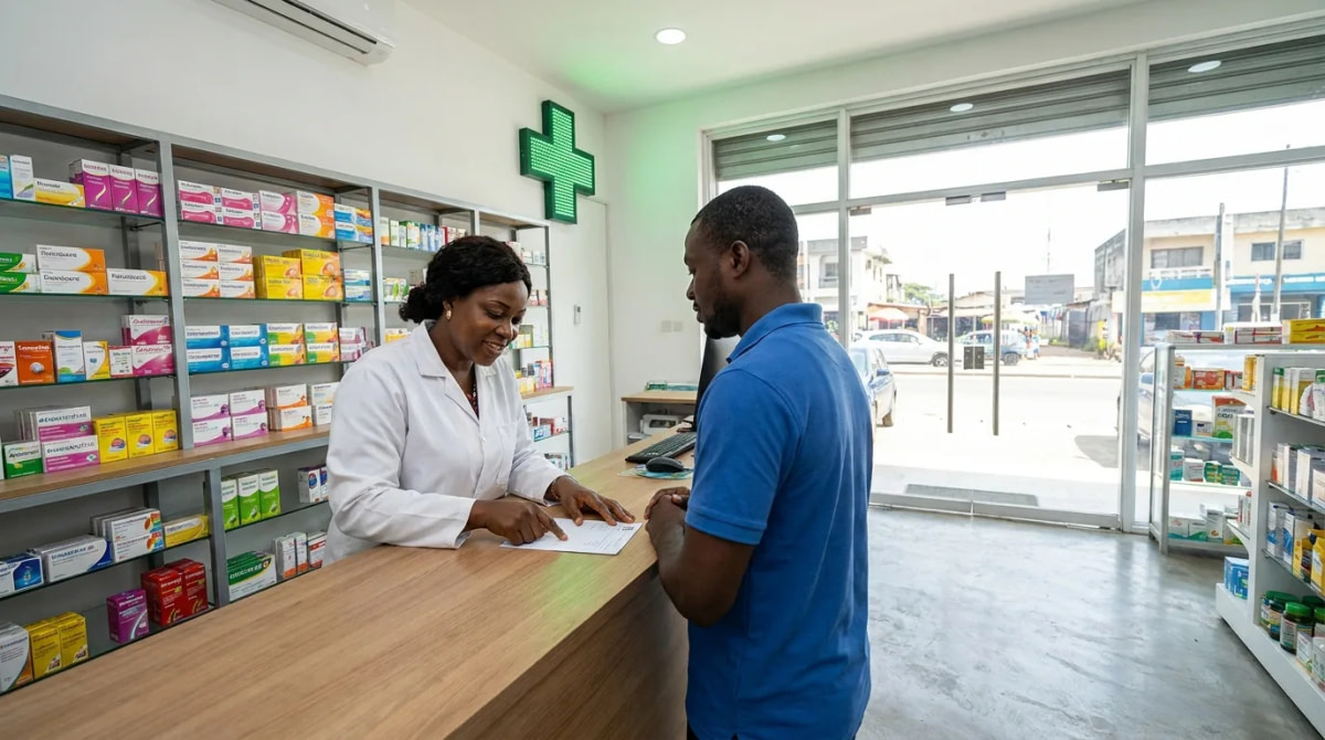 Pharmacienne ivoirienne expliquant une ordonnance à un client derrière le comptoir d'une pharmacie à Abidjan