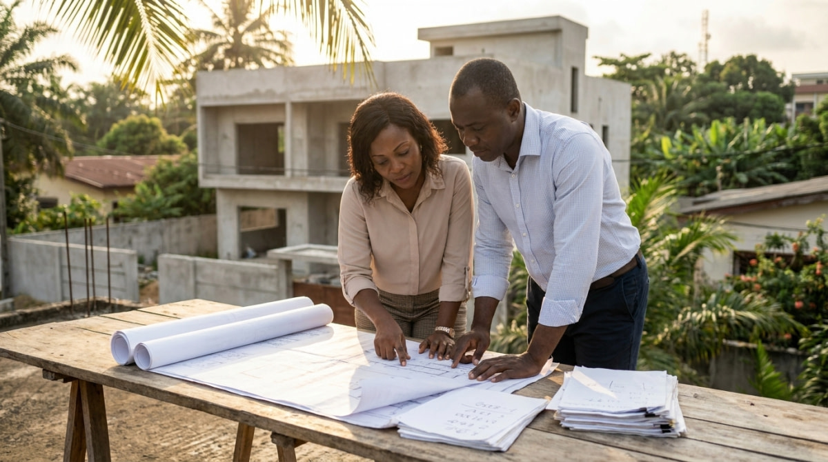 Couple ivoirien comparant plusieurs devis de construction sur la terrasse d'une villa en chantier à Abidjan