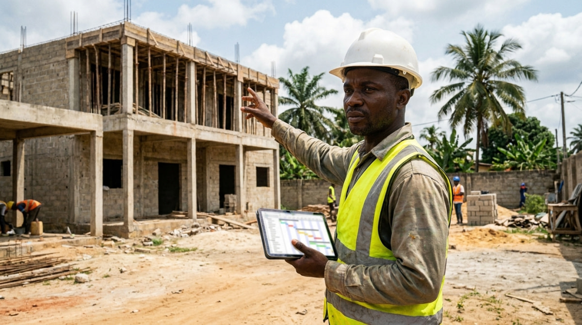Maître d'œuvre pilotant un chantier de construction à Abidjan avec un planning sur tablette pour éviter les retards