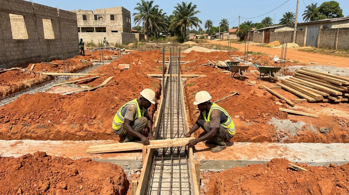 Chantier de fondations en béton armé sur un terrain en Côte d'Ivoire