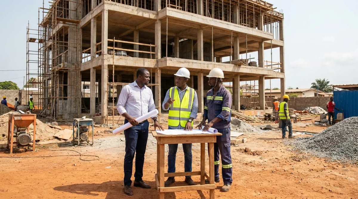 Architecte, chef de chantier et ouvrier se coordonnant sur un chantier en Côte d'Ivoire