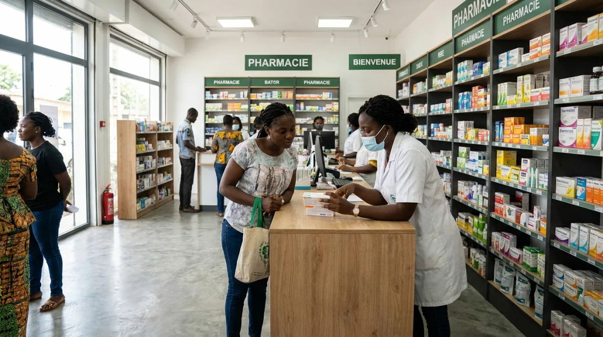 Pharmacienne conseillant un client au comptoir d'une pharmacie à Abidjan