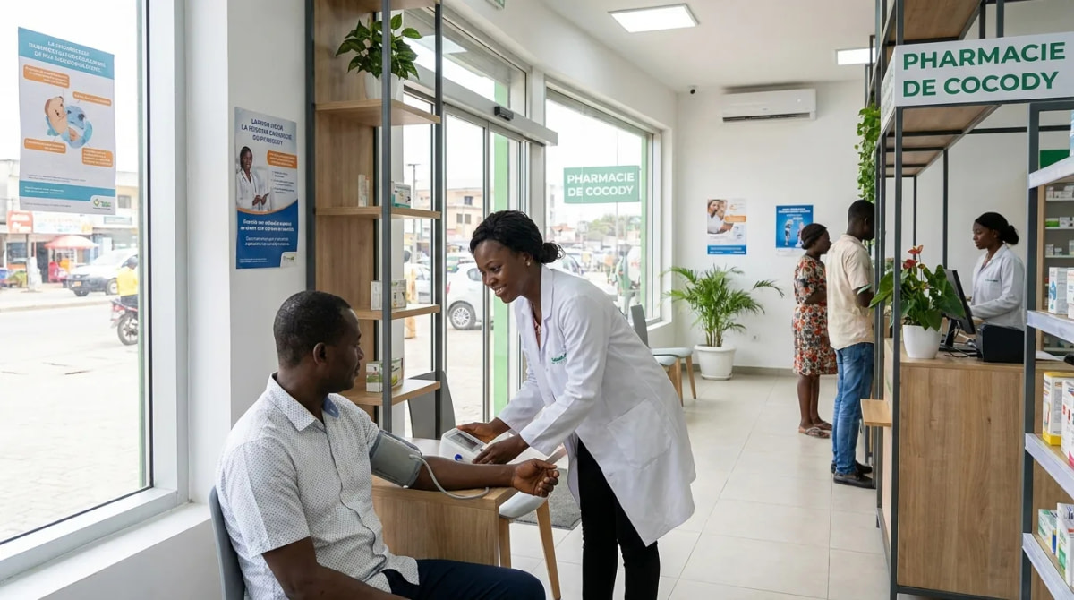 Pharmacien mesurant la tension artérielle d'un client dans une pharmacie à Abidjan