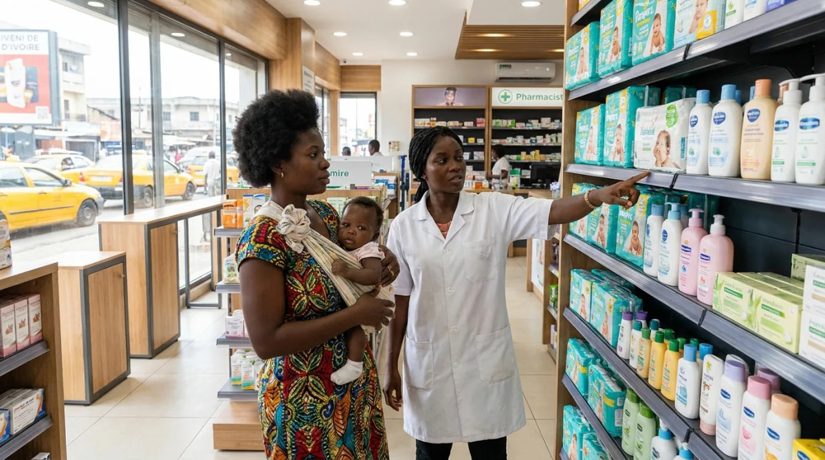 Maman et bébé conseillés par une pharmacienne au rayon soins bébé à Abidjan
