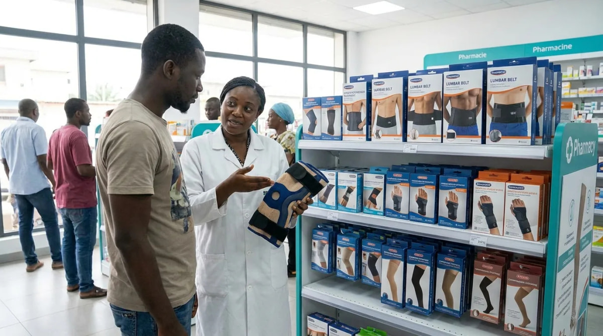 Pharmacien présentant une genouillère au rayon orthopédie d'une pharmacie à Abidjan
