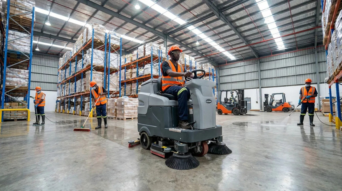 Industrial cleaning team servicing a large warehouse in Africa with a floor scrubber