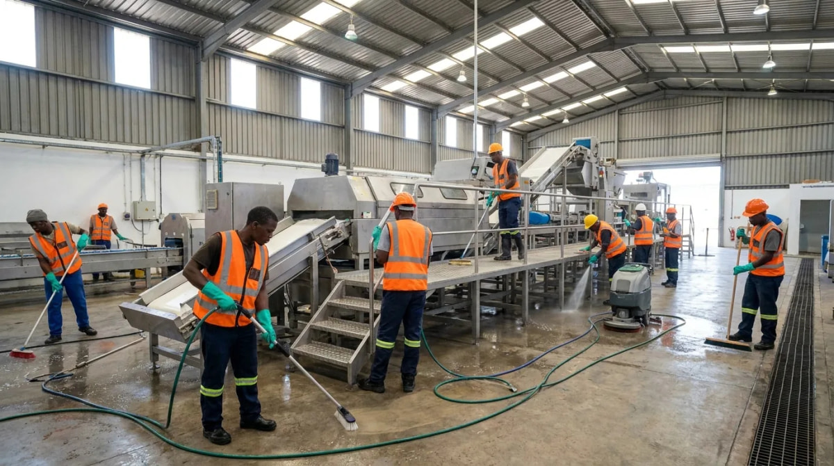 Industrial cleaning crew cleaning a manufacturing factory floor in Africa