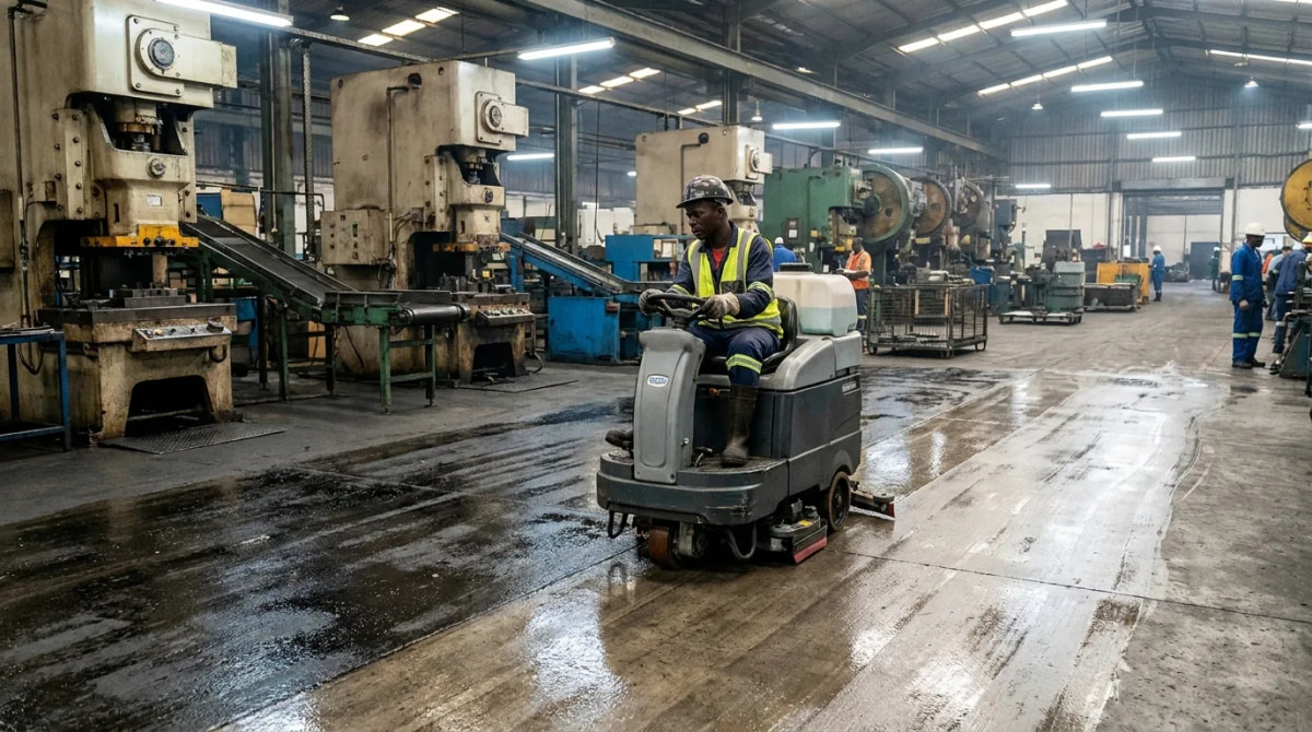 Worker scrubbing and degreasing a manufacturing plant floor with a ride-on machine in Africa