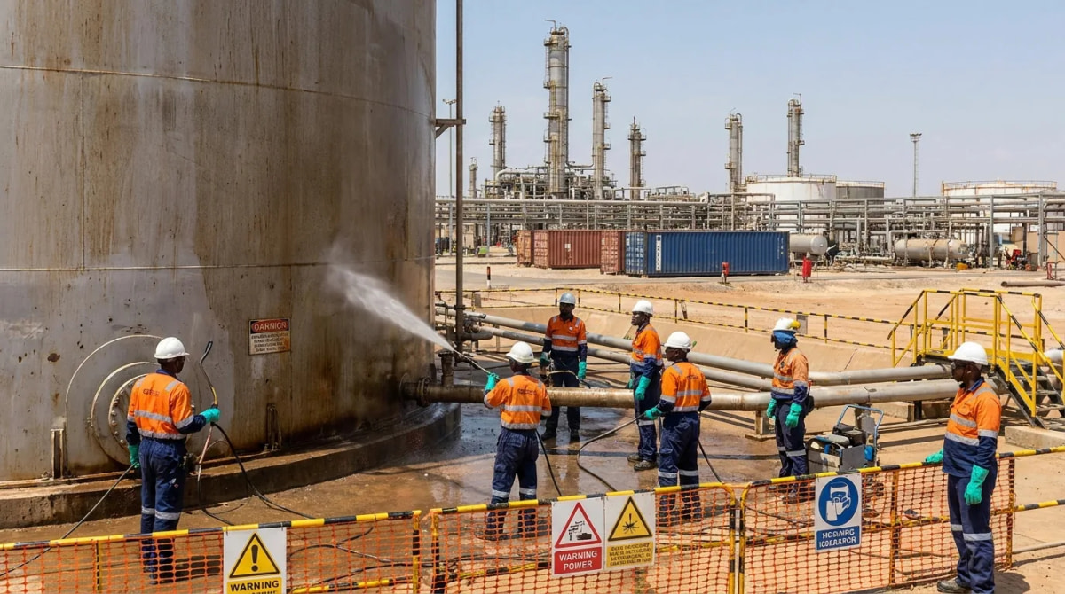 Industrial cleaning crew in PPE working at an oil and gas facility in Africa