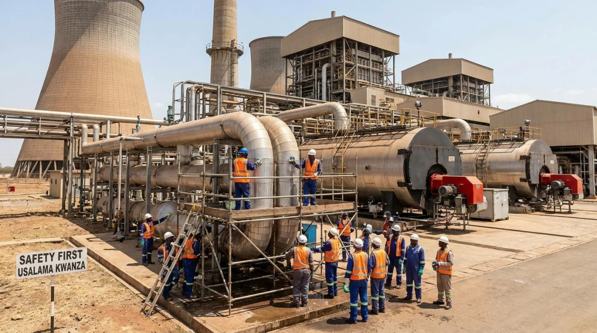 Industrial cleaning crew in PPE at a power plant in Africa