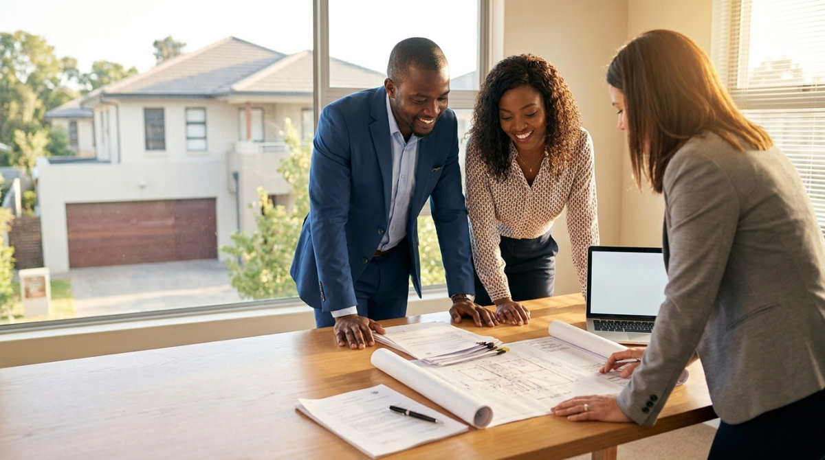 Nigerian couple reviewing property title documents and a land survey plan with a real estate lawyer