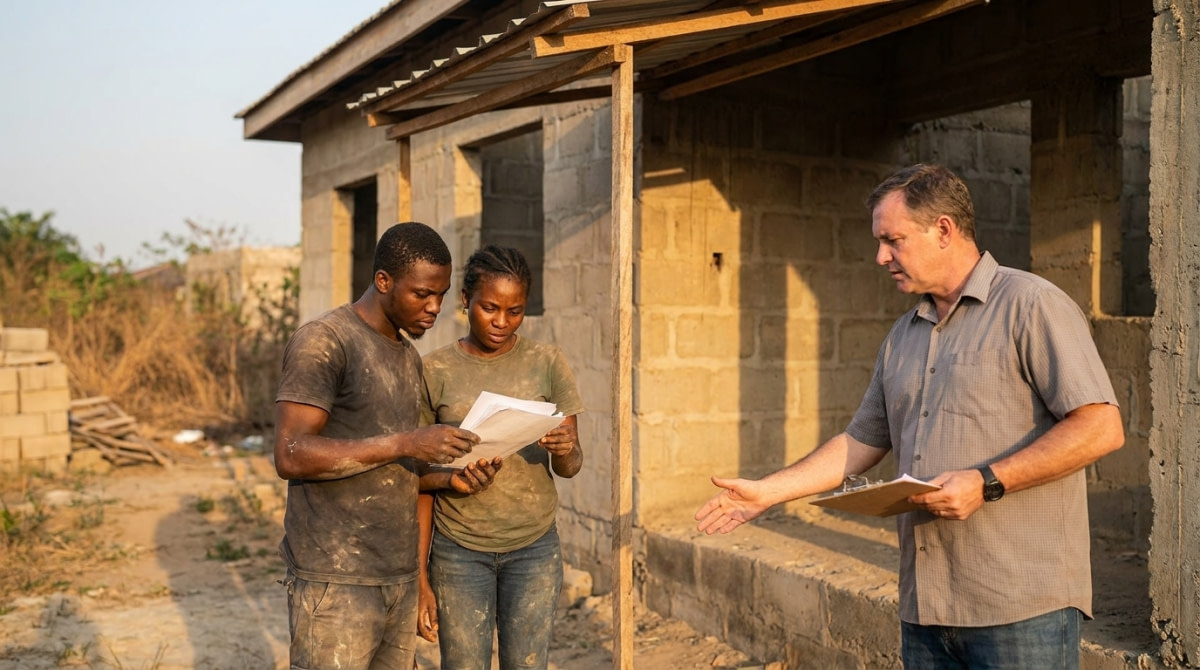 Cautious Nigerian couple carefully examining property documents with a real estate agent in front of a house