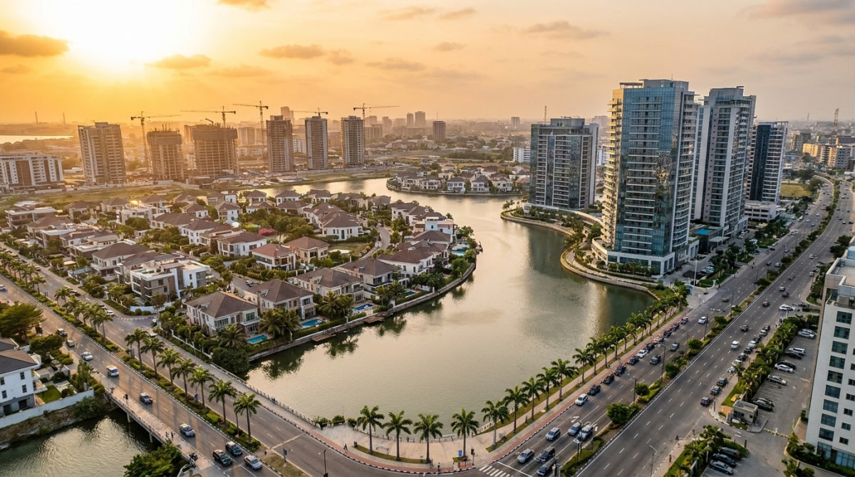 Aerial view of a modern Lagos waterfront neighbourhood with high-rise apartments and gated estates at golden hour