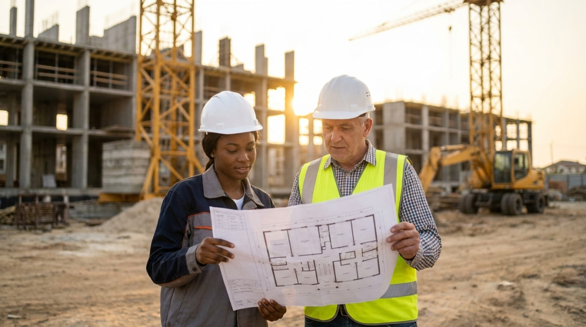 Nigerian couple in helmets reviewing an estate floor plan with a developer at a construction site