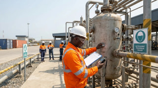 Inspecteur en EPI vérifiant un équipement sous pression dans une usine ivoirienne
