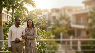 Couple ivoirien serein dans un quartier résidentiel d'Abidjan illustrant une couverture d'assurance complète