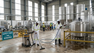 Industrial cleaning technicians servicing a stainless steel reactor on a production site