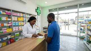 Pharmacienne ivoirienne expliquant une ordonnance à un client derrière le comptoir d'une pharmacie à Abidjan