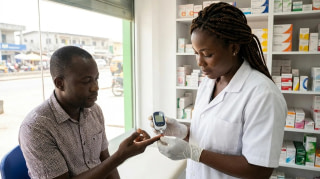 Pharmacienne réalisant un test de glycémie au bout du doigt à un client dans une pharmacie d'Abidjan