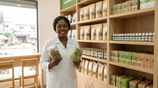 Pharmacienne ivoirienne présentant des produits de phytothérapie dans une pharmacie d'Abidjan