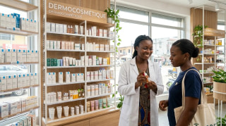 Pharmacienne ivoirienne conseillant une cliente sur un produit dermocosmétique dans une pharmacie d'Abidjan