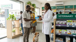 Pharmacien remettant un produit vétérinaire à un client accompagné de son chien dans une pharmacie d'Abidjan