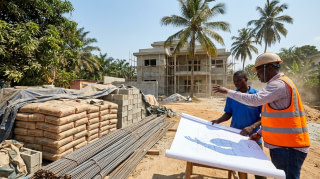 Chantier de construction bien organisé à Abidjan avec matériaux rangés et équipe coordonnée