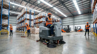 Industrial cleaning team servicing a large warehouse in Africa with a floor scrubber