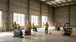 Post-construction cleaning team clearing dust and debris in a newly built warehouse in Africa