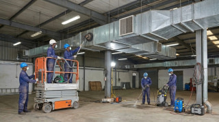Technicians cleaning industrial HVAC ducts and ventilation in a large facility in Africa
