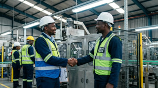 Factory manager and industrial cleaning company representative agreeing on a partnership in a plant