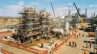 Large crew cleaning an industrial plant during a maintenance shutdown in Africa