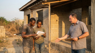 Cautious Nigerian couple carefully examining property documents with a real estate agent in front of a house