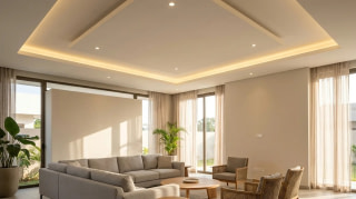 Salon moderne avec faux plafond en placo et corniche lumineuse dans une villa en Côte d'Ivoire
