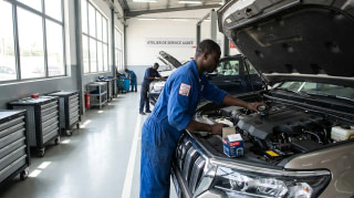 Mécanicien inspectant le moteur d'un SUV avec une pièce de rechange certifiée dans un atelier à Lomé