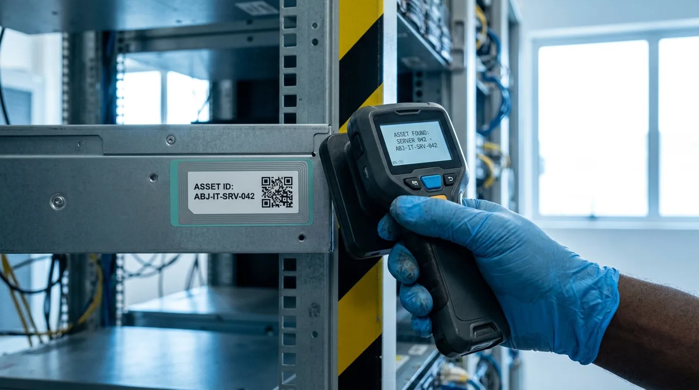 Technicien scannant une &eacute;tiquette RFID sur un &eacute;quipement informatique